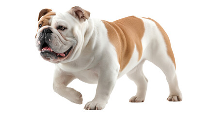 Obraz premium Playful Bulldog Walking on White Background