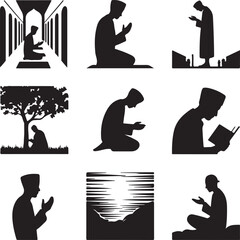 silhouette of people praying and reading in various settings