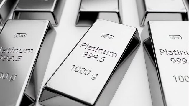 Shiny platinum bars neatly stacked in rows on a white background, with one ingot falling into place. A concept of banking, precious metal investment, commodity trading, and financial reserve