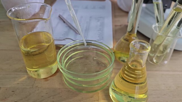 Laboratory experiment with liquids in glass containers at a science facility with notes and equipment present