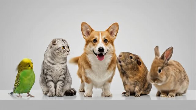 Group of cute domestic animals posing together in a line, featuring a budgie, a scottish fold cat, a pembroke welsh corgi, a guinea pig, and a rabbit, isolated on a clean white background