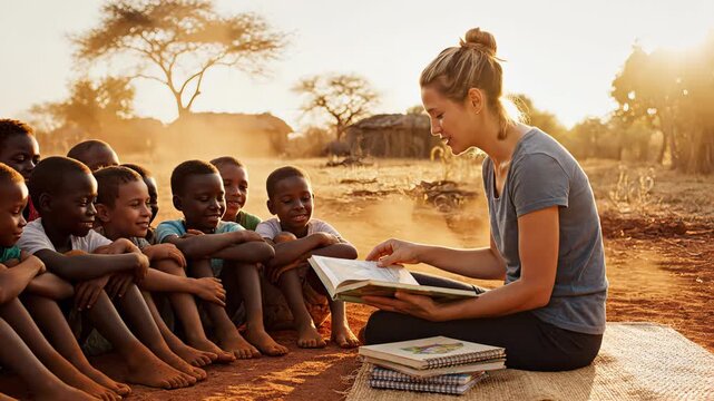 Smiling female volunteer teaching and reading a storybook to a group of happy african children sitting on the dusty ground in a rural village during a beautiful, warm sunset