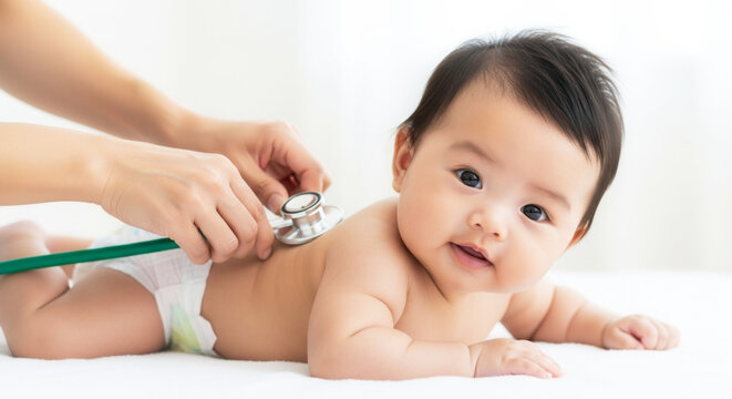 Asian infant baby with stethoscope on back in medical room, pediatric health and gentle care examination