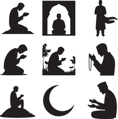 silhouette of people praying in various positions and locations