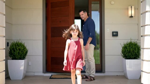 Opening wooden door, dad holding and guiding daughter in red dress walking onto porch near keypad