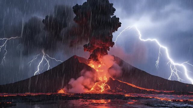 Massive Volcanic Eruption with Lava Fountain and Dark Storm Clouds Illuminating Night Sky