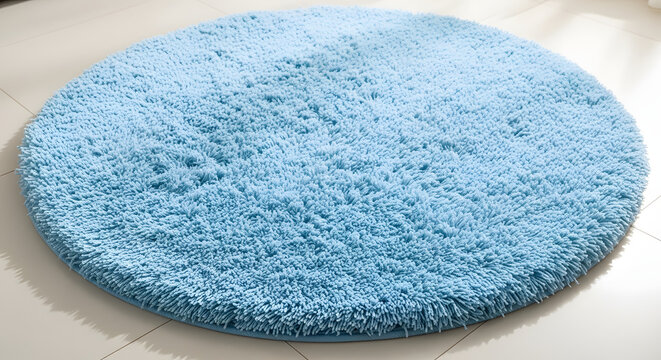 Soft blue round shaggy rug on bright floor - Generated AI.