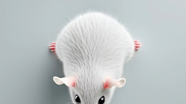 White mouse with pink ears and paws explores a smooth gray surface, showcasing its curious nature and distinct features in a close-up view from various angles