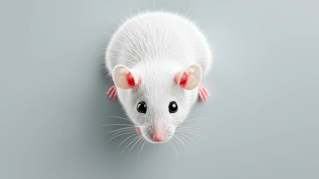 White domestic mouse with pink ears and paws explores a smooth gray surface, showcasing its curious nature and distinct features in a close-up view