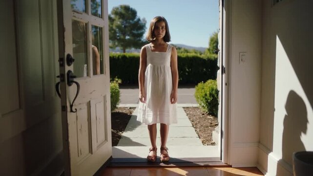 Standing preteen girl revealed by open wooden door on porch, waiting to leave wearing sundress