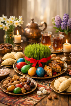 Azerbaijani Novruz holiday table with Semeni (green wheat), candles, traditional sweets, shekerbura, and paxlava on a copper tray.
