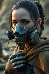 Dystopian scavenger girl with gas mask and armored gauntlet