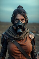 Tactical nomad woman in cloak facing harsh wasteland light