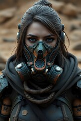 Futuristic desert wanderer with rusted gauntlet and bronze filter