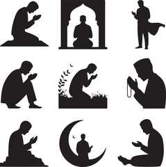 silhouette of people praying in various positions and locations