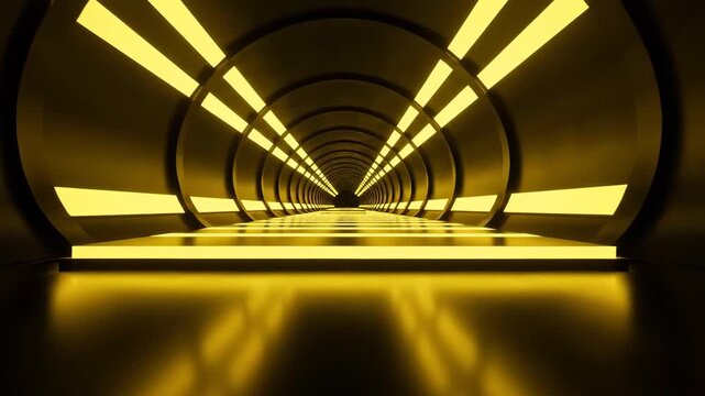 Abstract Sci-Fi Tunnel with Bright Yellow Neon Lights and Reflective Surfaces.