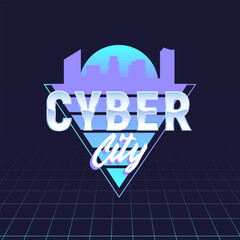 Cyber City retro futuristic glow logo with neon typography and city skyline. 1980s Logo style with synthwave colors and digital grid for music club posters and fashion prints. Vector illustration.