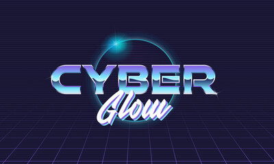Cyber Glow - retro futuristic glow logo with neon typography. 1980s synthwave style with solar eclipse. Logo, emblem for digital banners, invitations, posters. Vector illustration.