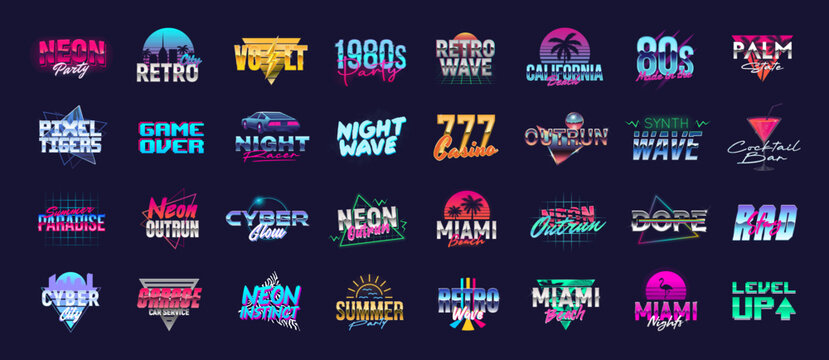 32 Retro neon logo designs in futuristic style inspired by 1980s aesthetics. Miami, California logo. Synthwave and vaporwave logos for night club, casino, music events. Vector illustration