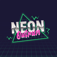Neon Outrun retro futuristic glow logo with neon typography and geometric triangle. Retro neo style design for party posters, music events and night invitations. Vector illustration.