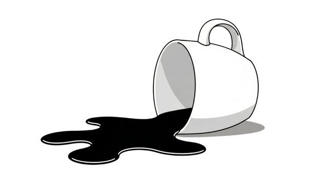 Overturned coffee cup spills dark liquid on white surface viewed from the side
