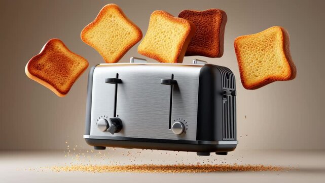 Silver toaster ejects multiple slices of golden-brown toast in mid-air, showcasing a dynamic action sequence with crumbs scattering on a neutral background