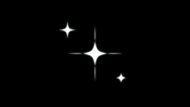 Twinkling stars animation with fast line glitter motion, white cartoon blinking stars, flat vector doodle sparkle, glowing light trails, 2D shining twinkle effect, on black screen background, 4K