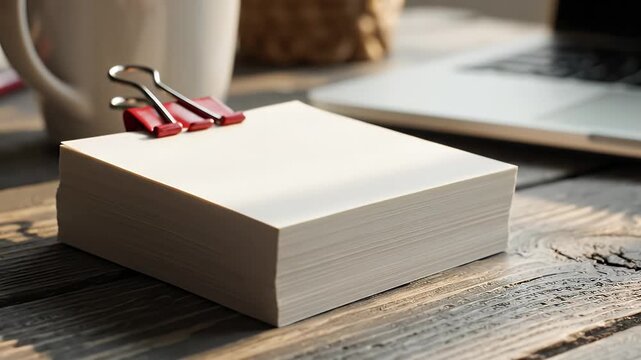 Close-Up of a Wooden Desk Scene with Blank Notepads, Red Sunglasses, and a Laptop in Soft Morning Light