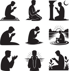 silhouette of people praying in various positions and locations