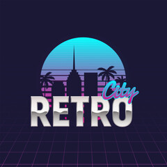 Retro City retro futuristic glow logo with neon typography and city skyline. Retro neon style design with sunset and palms for party posters and invitations. Vector illustration