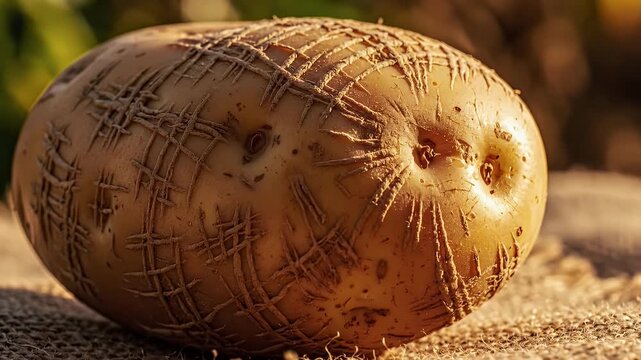 Close-up of a Weathered Potato Resting on Burlap in Warm Morning Light