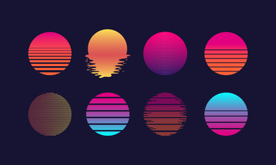 Vector set of retro futuristic sun icons in 80s style. 8 neon sun elements with horizontal scan lines, gradient circles, striped sunsets and abstract glowing spheres. Perfect for retrowave, synthwave.