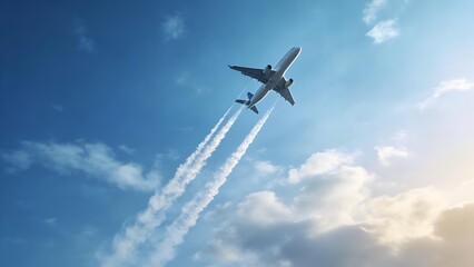 Obraz premium contrails. Airplane climbing into clear blue sky, leaving white trails against soft clouds. mobility guides, transit brochures, designed for mobility and urban transit guides, used by teachers.