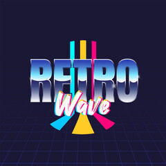 Retro Wave retro futuristic glow logo with neon typography and colorful wave elements. Retro wave style design for party posters, music events and night invitations. Print for t-shirt, tee. Vector ill
