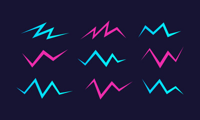 Retro neon zigzag elements set with 9 abstract lightning shapes in vibrant blue and pink colors. Futuristic retrowave and synthwave design elements. Vector illustration