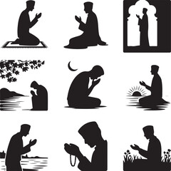 silhouette of people praying in various positions and locations