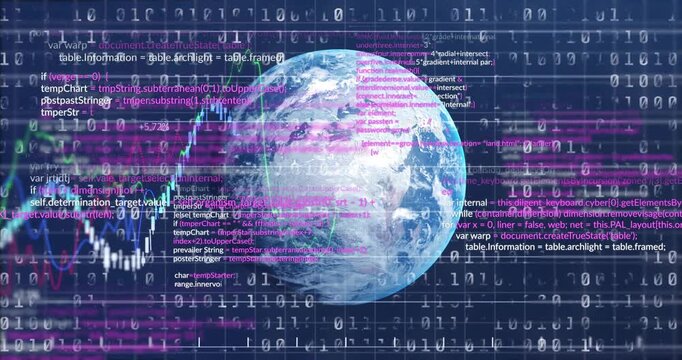 Binary stream starting and data layers sliding over globe, showing live global market analytics