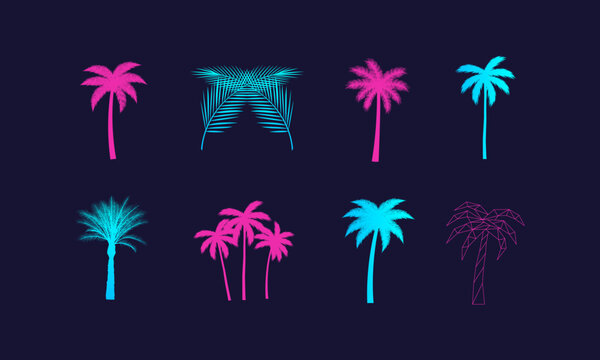 Vector set of neon palm trees in retro futuristic 80s style. 8 tropical palm elements. Classic silhouettes, glowing neon palms, wireframe palms, polygon palm tree, single and grouped palms. 