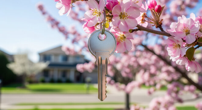 Silver key hanging from blooming tree branch, home buying and real estate opportunity in suburban neighborhood