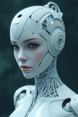 White biomechanical humanoid drifting through bubbles in blue water