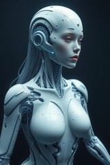 Synthetic female android in underwater scene with serene expression