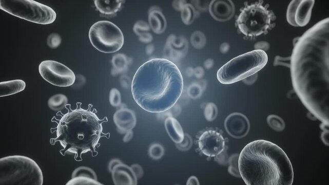 3D Medical Illustration of White Blood Cells Actively Surrounding and Neutralizing Viral Particles in a Gray Themed Environment