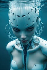 Biomechanical female robot in ocean scene with calm mood