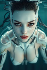 Underwater futuristic portrait of android with smooth porcelain face