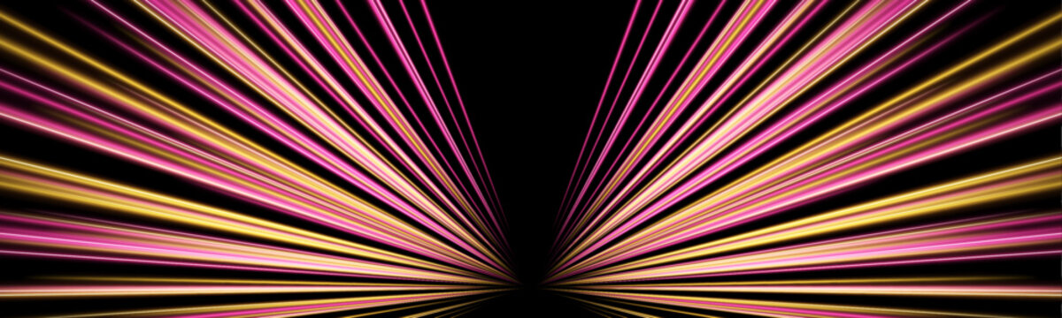 Radiant yellow and pink neon swirls spin in rapid motion. Light arcs converge into a glowing vortex. Futuristic dynamic design concept.