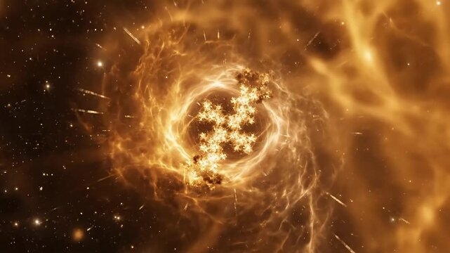 Abstract golden fractal energy burst emanating from a central core surrounded by swirling light trails and particles against a dark background a cosmic explosion concept