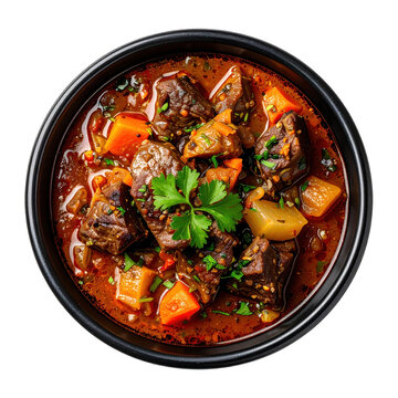 Aromatic buglama, a traditional lamb and vegetable stew, served steaming in a dark bowl and isolated on white background for emphasis