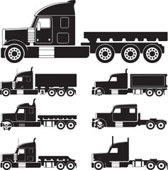 Silhouette of various semitrucks and trailers in different configurations  truck icons