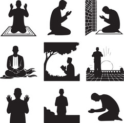 Silhouettes of people in various prayer and meditation poses on white background