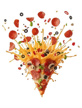 Cheese Burst Pizza Slice Explosion for Explosive cheese burst pizza slice with dynamic toppings motion.